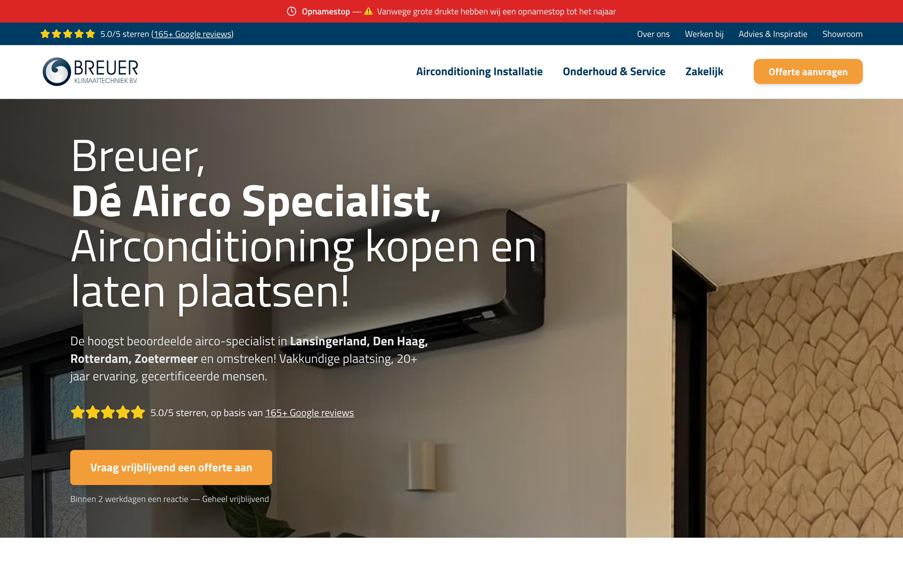 Homepage van Breuer Klimaattechniek met de kop "Dé Airco Specialist" en een knop om een offerte aan te vragen.