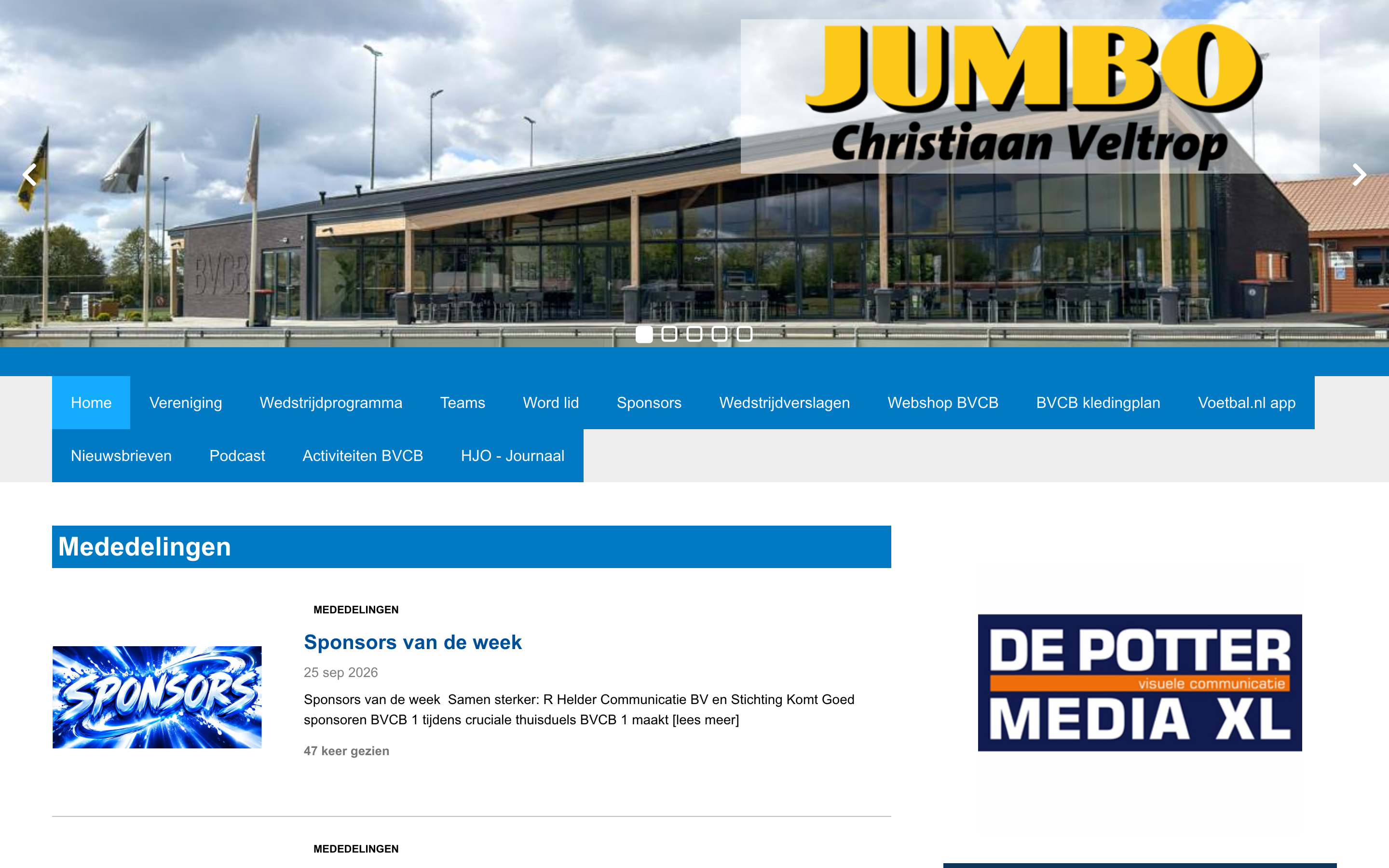 Homepage van BVCB met een foto van het clubhuis, de navigatie en het laatste clubnieuws.